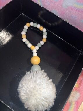 Beaded Pom Pom Keychain - Yellow, White, Sage